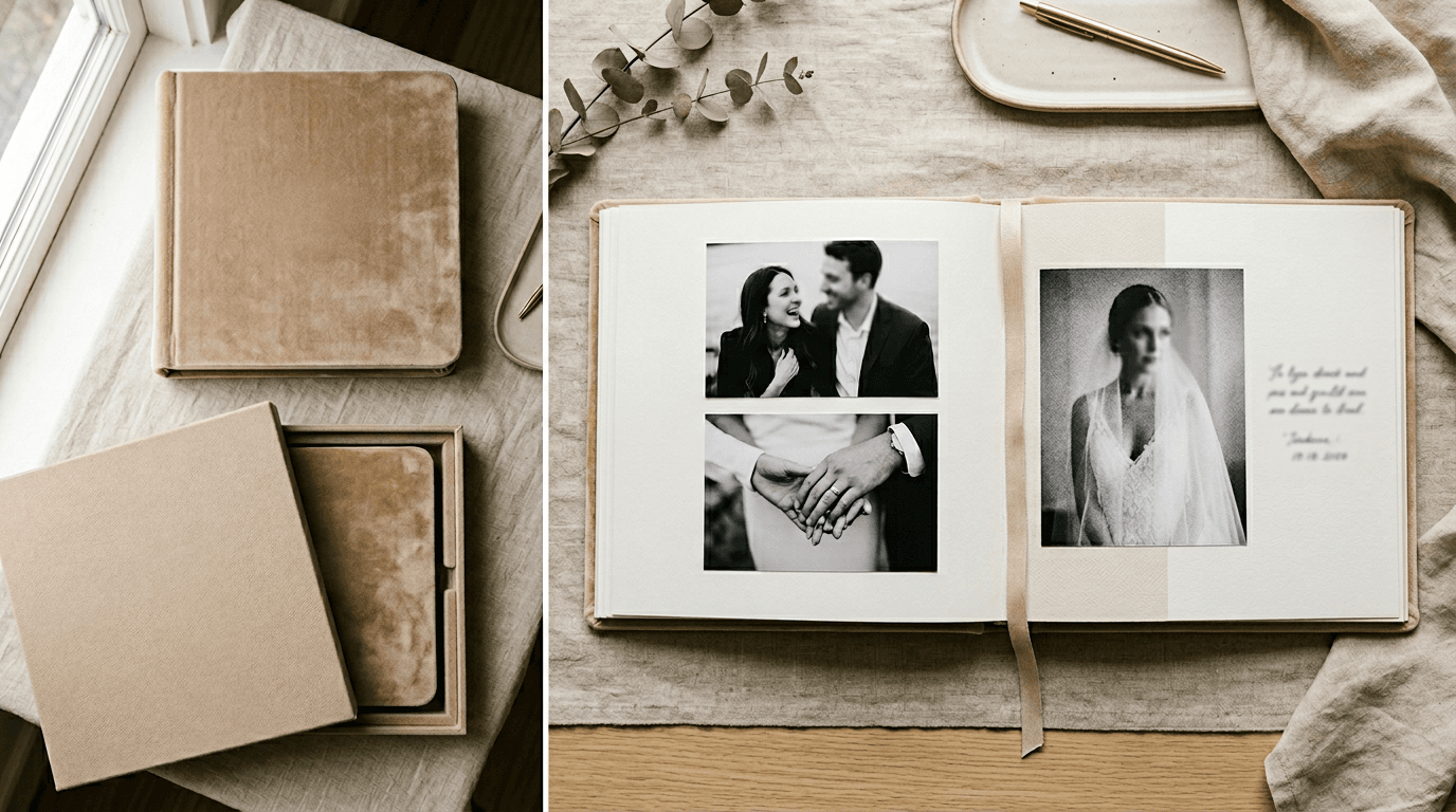 Álbum em veludo bege com caixa de apresentação e pormenor de páginas abertas — composição editorial