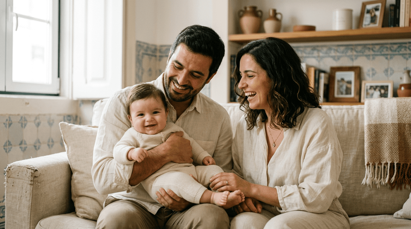 Família com bebé em ambiente acolhedor — sessão pré-batizado ou familiar.