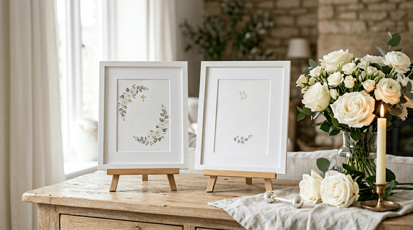 Impressões em passepartout com suporte em madeira para oferecer a padrinhos ou avós.